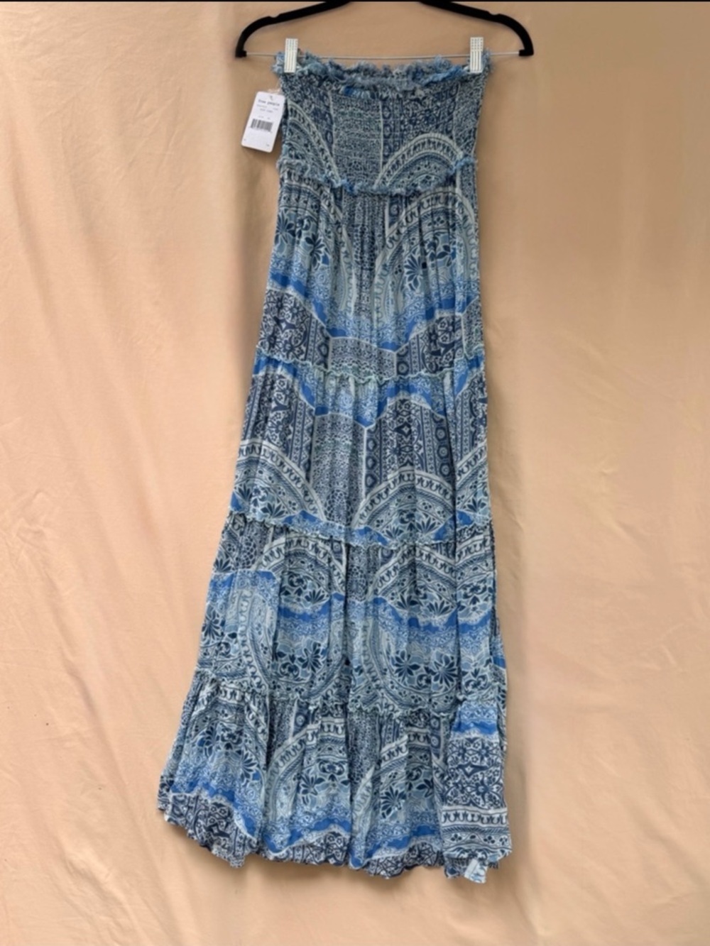 Free People Strapless Blue White Printed Maxi Dress Smocked Optional Straps